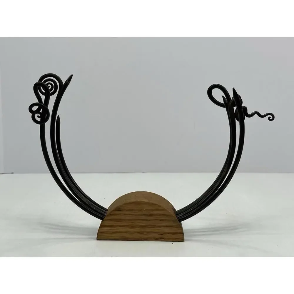 Vintage Brochetas Cast Iron Circular Metal Skewers On Wood‎ Block Holder BBQ